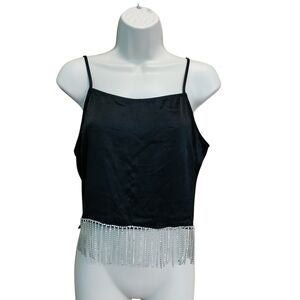 Ro & De Medium Rhinestone Fringe Trim Crop Tank Top in black